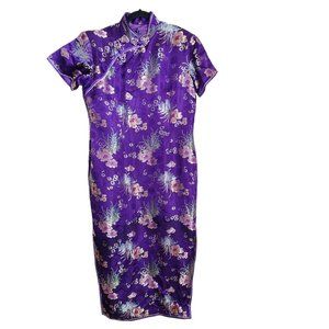 Purple Floral Satin Maxi Cheongsam Dress